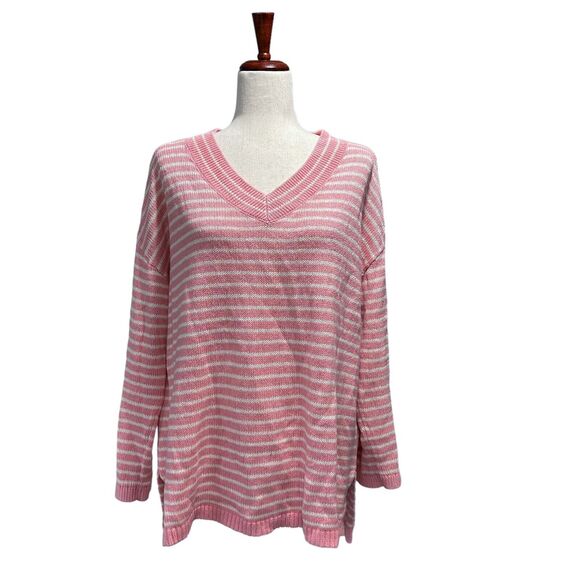 Talbots Sweater 1X Women's Pink‎ & White Striped V-Neck Linen Cotton Longsleeve - Picture 1 of 9